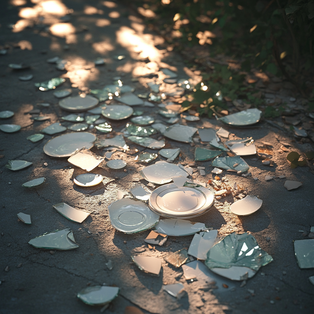 Broken ceramic plates on the driveway | Source: no source