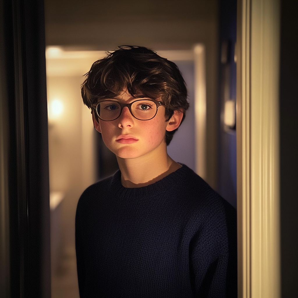 A boy standing in a doorway | Source: no source