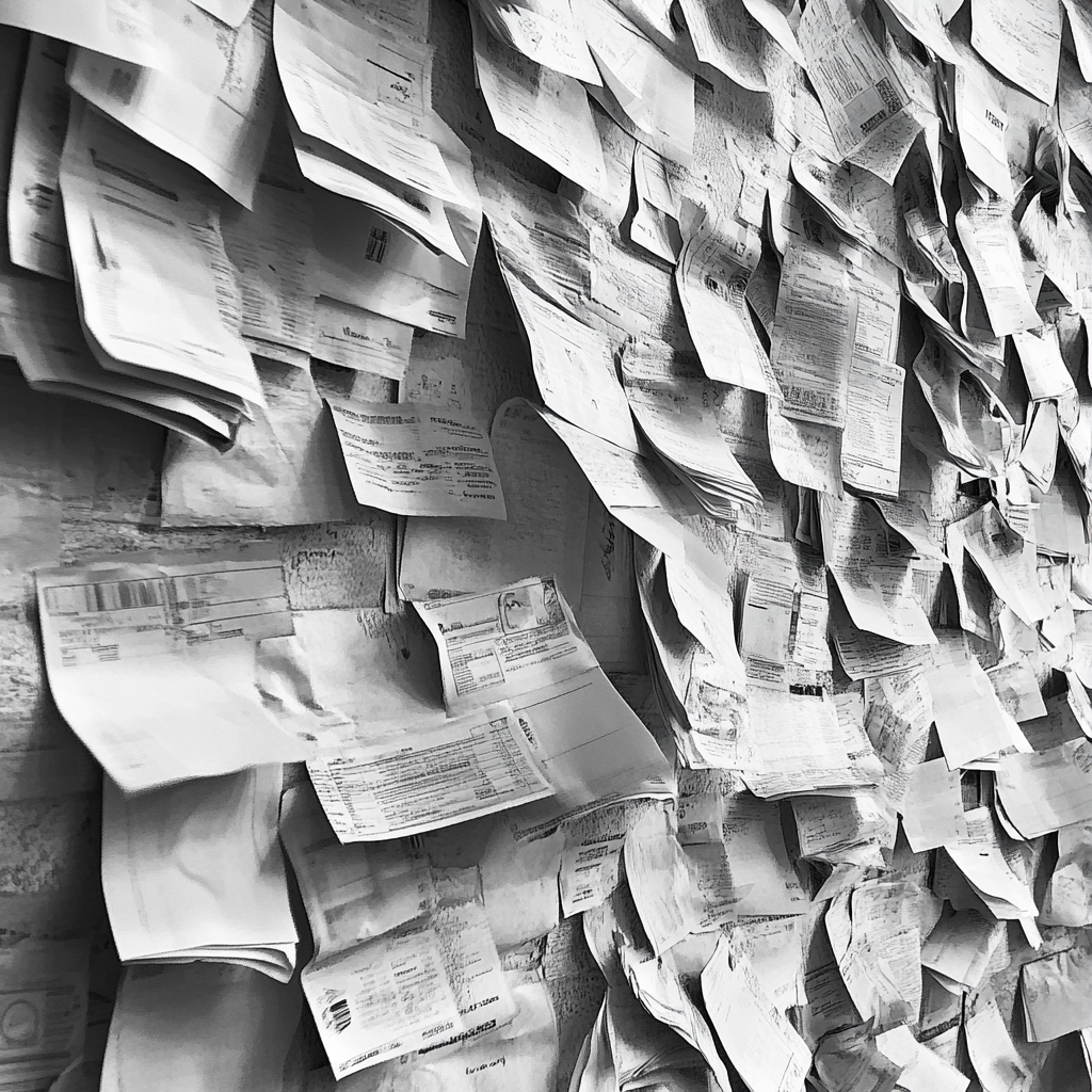A wall covered with receipts | Source: no source