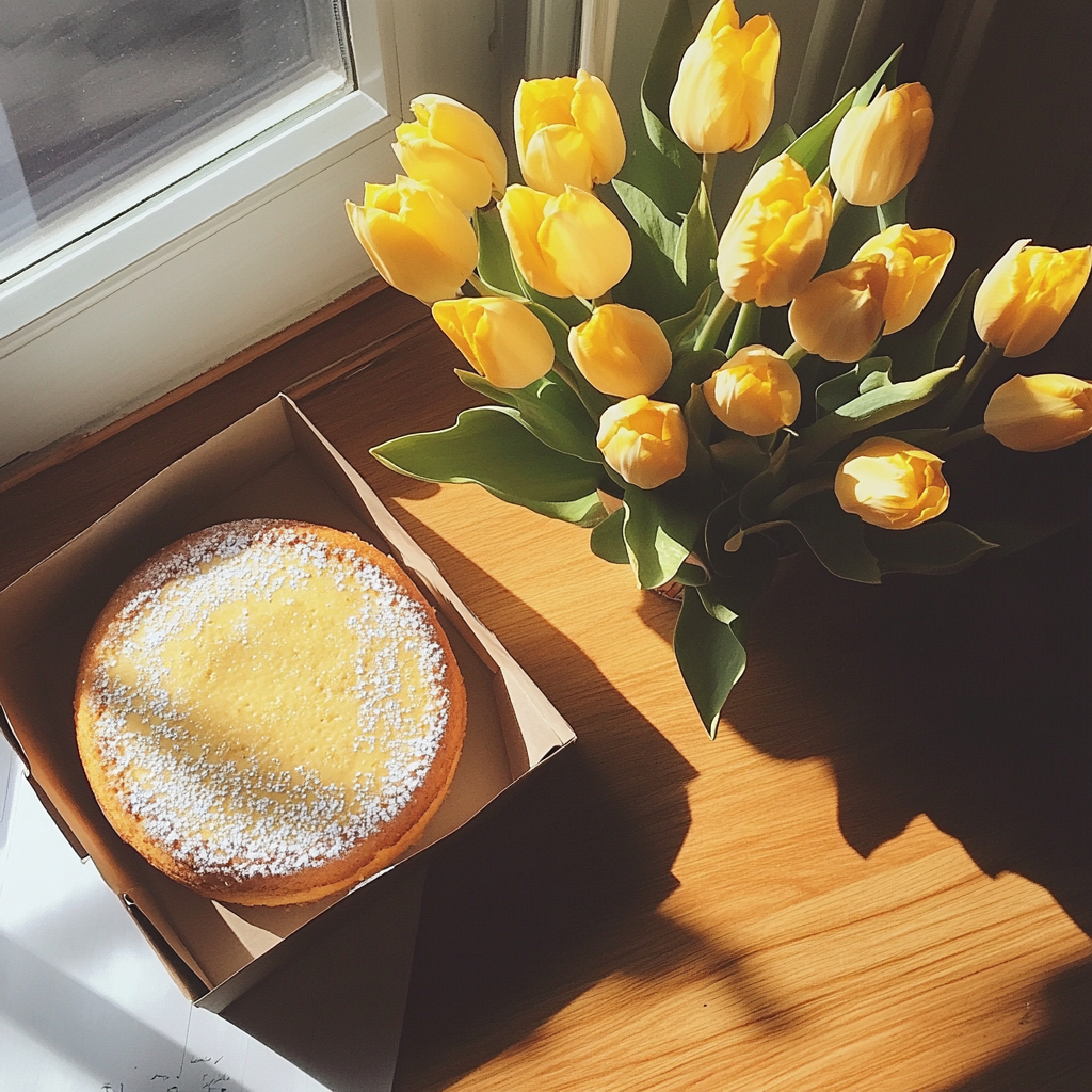 A cake in a box and a vase of tulips | Source: no source