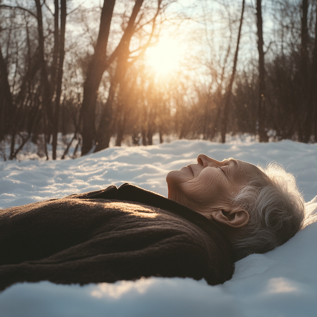 An older person lying on the snow on a chill morning | Source: No source