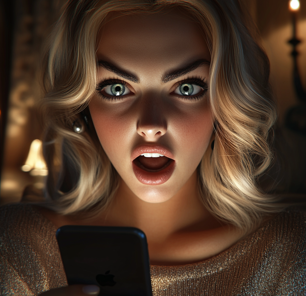 A startled woman holding her phone | Source: No source