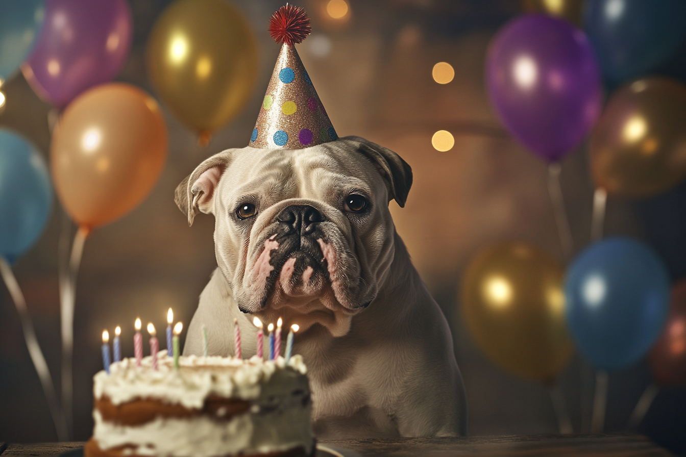 A Bulldog wearing a party hat sitting near a birthday cake | Source: no source