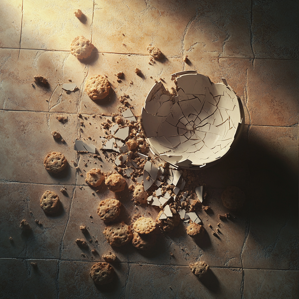 A broken ceramic bowl of cookies lying on the floor | Source: no source