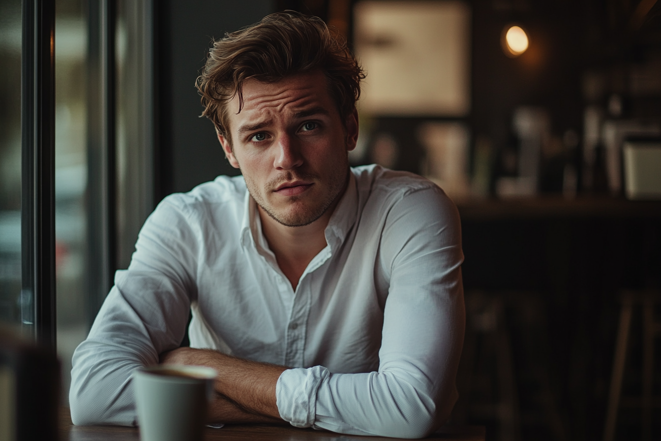 A man sitting at a coffee shop table, frowning | Source: No source