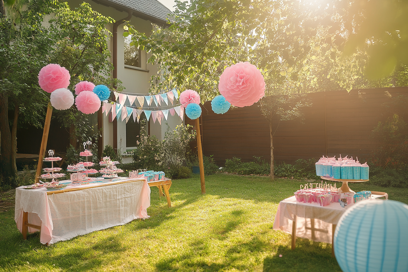 A back yard decorated for a gender reveal party | Source: No source