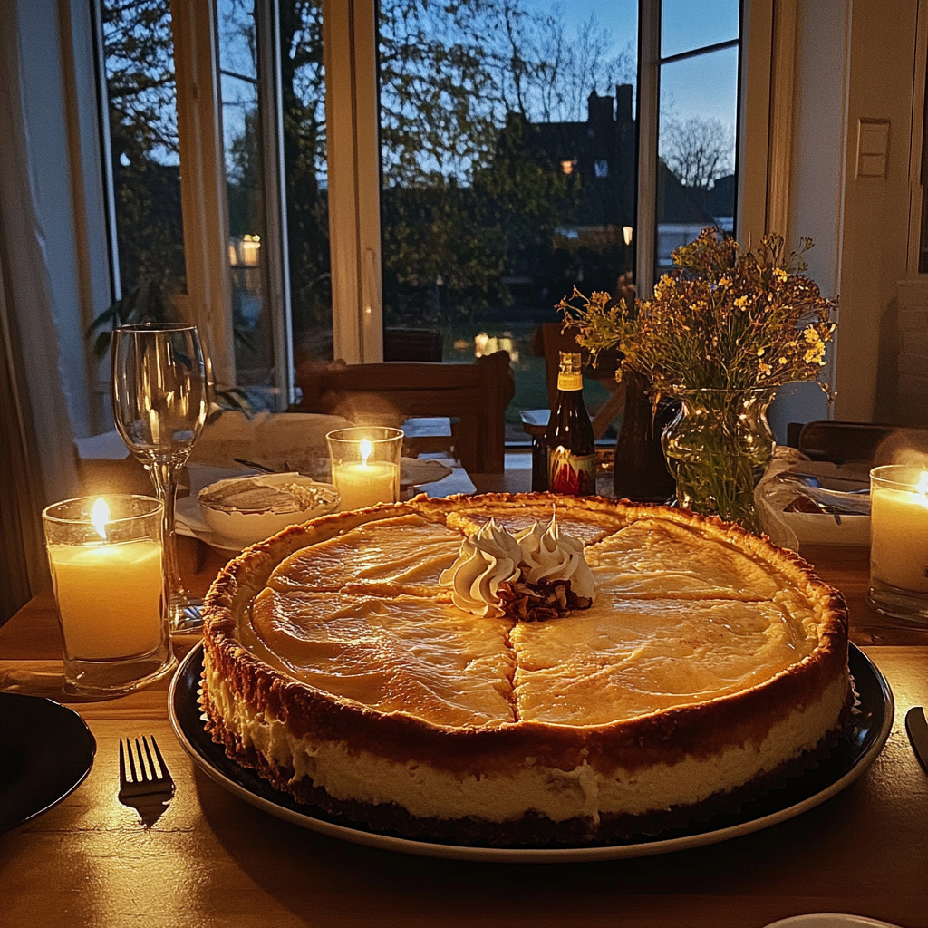 A cheesecake on a dinner table | Source: No source