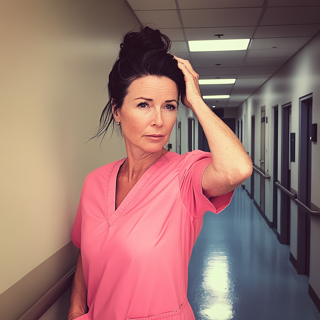 A nurse holding her head | Source: no source