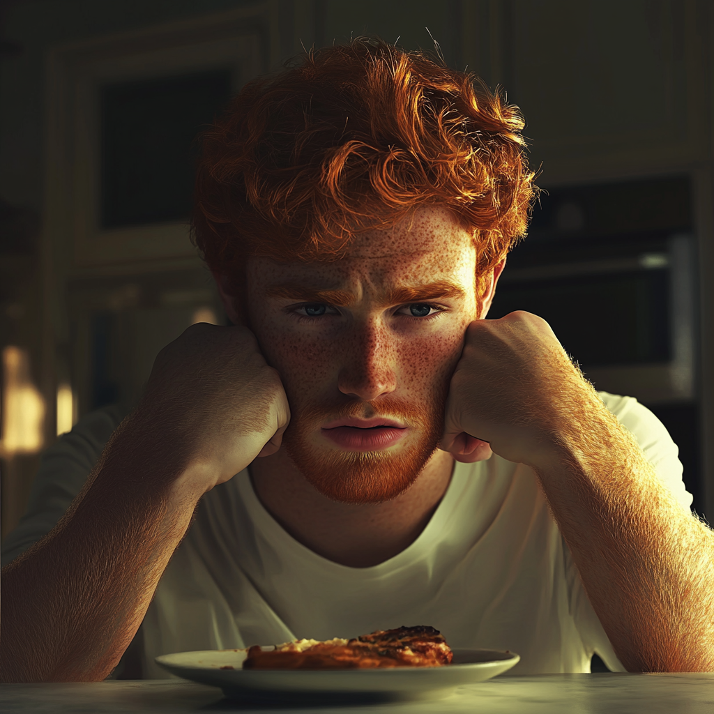 A troubled man seated at a dining table | Source: no source