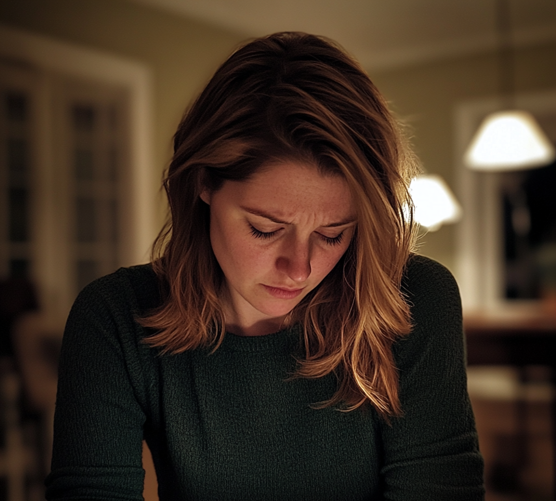 An emotional woman looking down at her lap | Source: no source