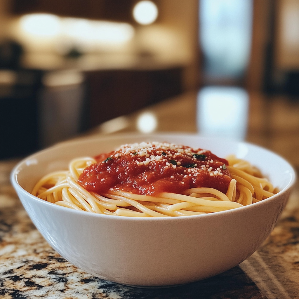 A bowl of pasta on a kitchen counter | Source: No source