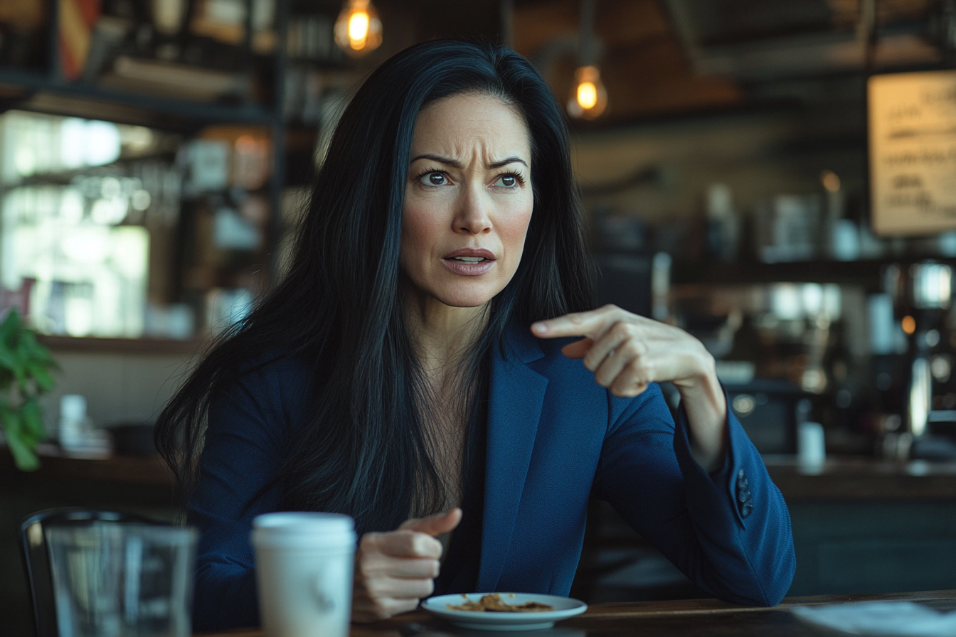 A woman at a coffee shop, looking upset and pointing at something to her side | Source: No source