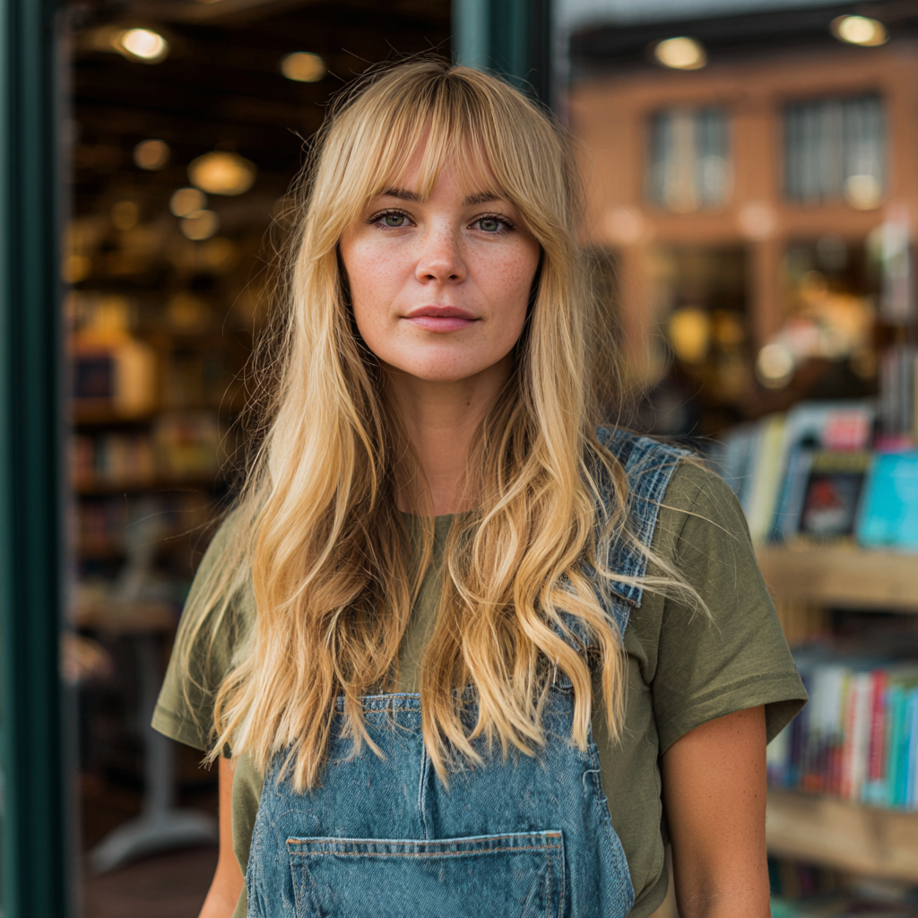 A woman standing outside a bookstore wearing dungarees | Source: no source