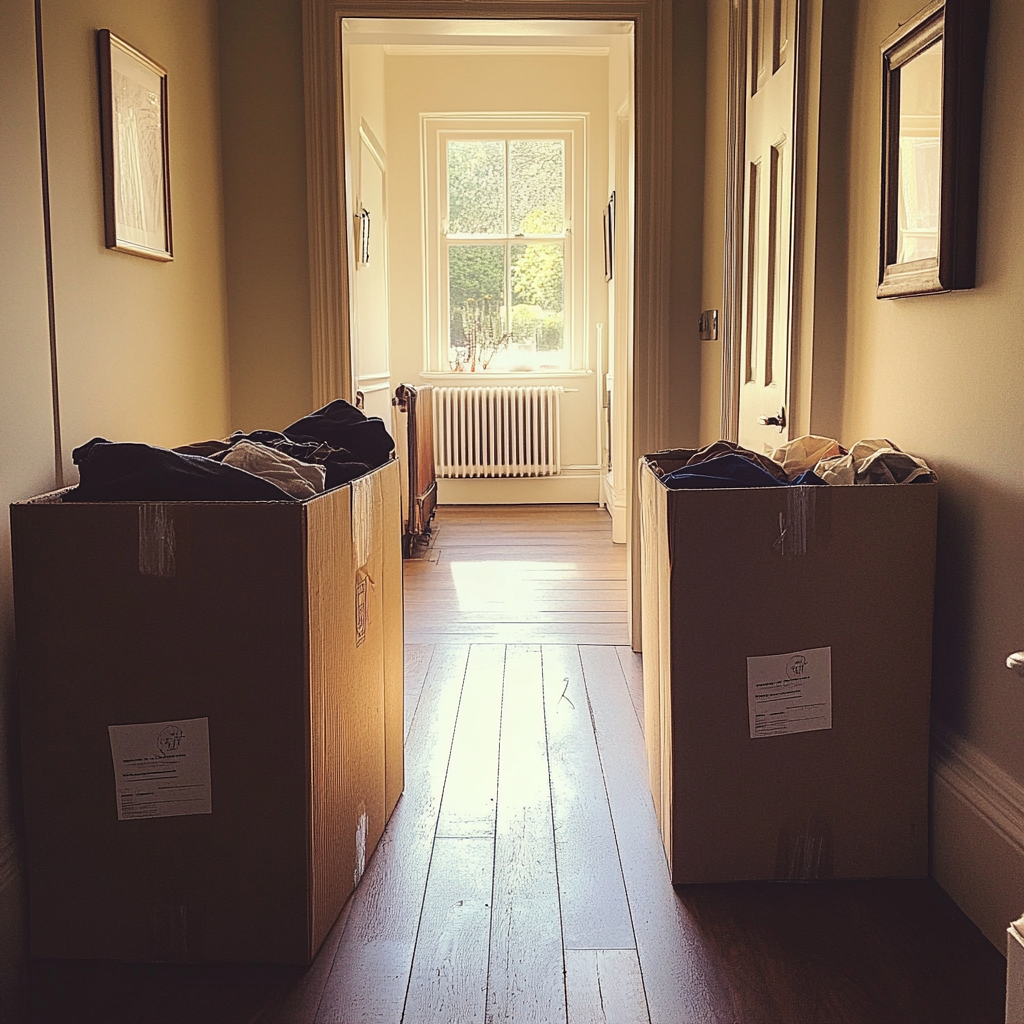 Boxes of clothing in a hallway | Source: No source