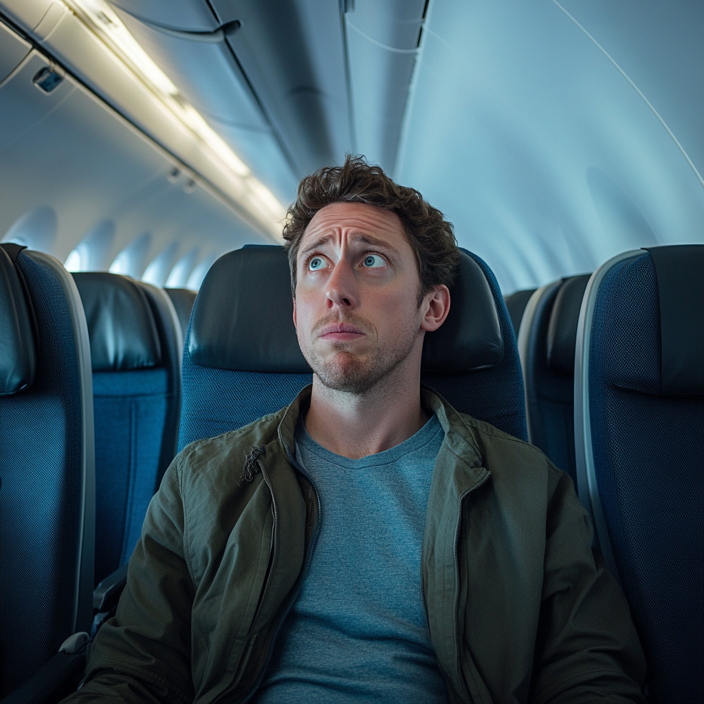 A worried-looking man on a plane | Source: no source