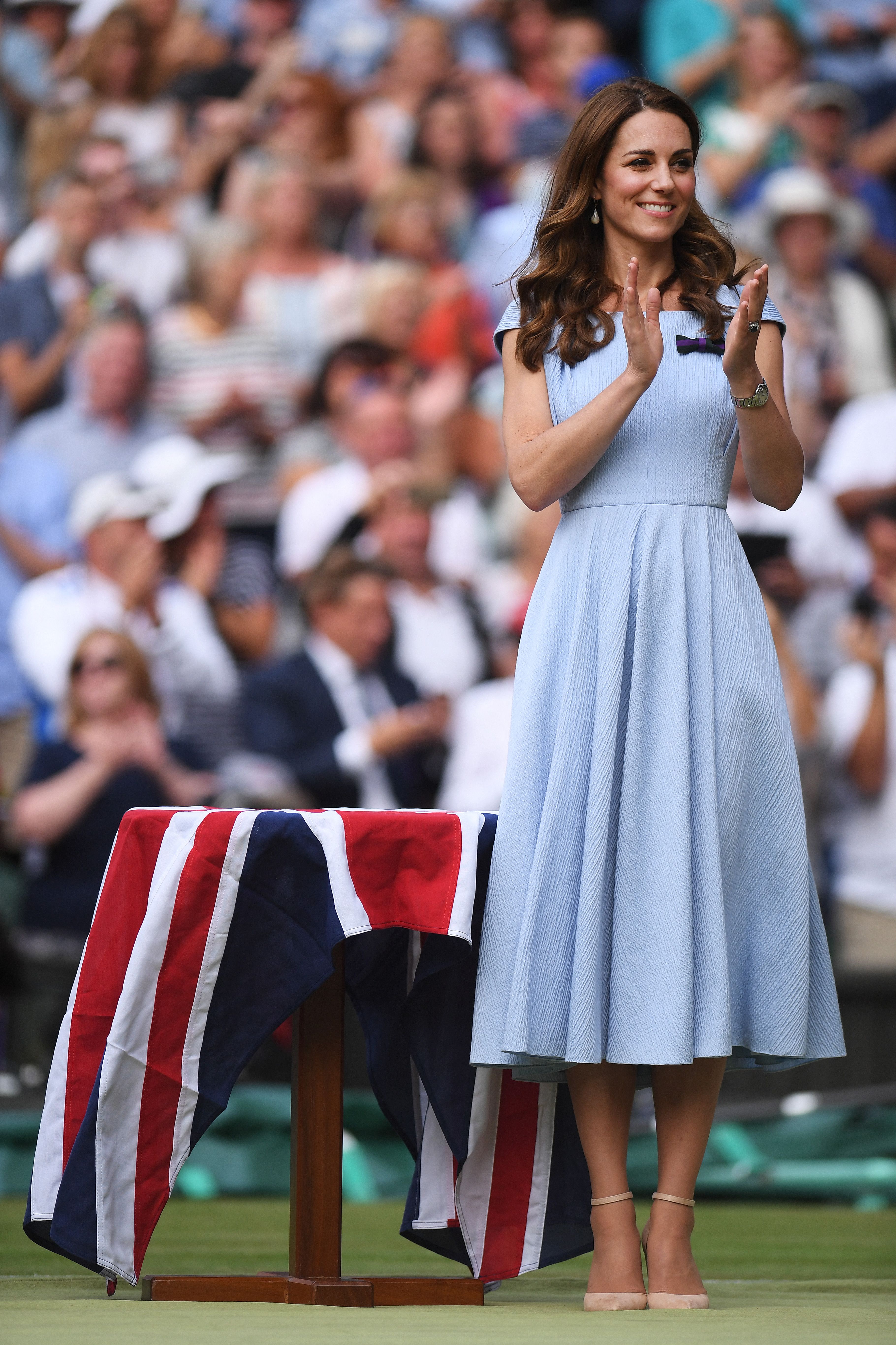 Catherine, Princess of Wales, following the Men's Singles Final between Novak Djokovic of Serbia and Roger Federer of Switzerland during day 13 of The Wimbledon Championships 2019 at the All England Lawn Tennis and Croquet Club on July 14 in London. | Source: Getty Images