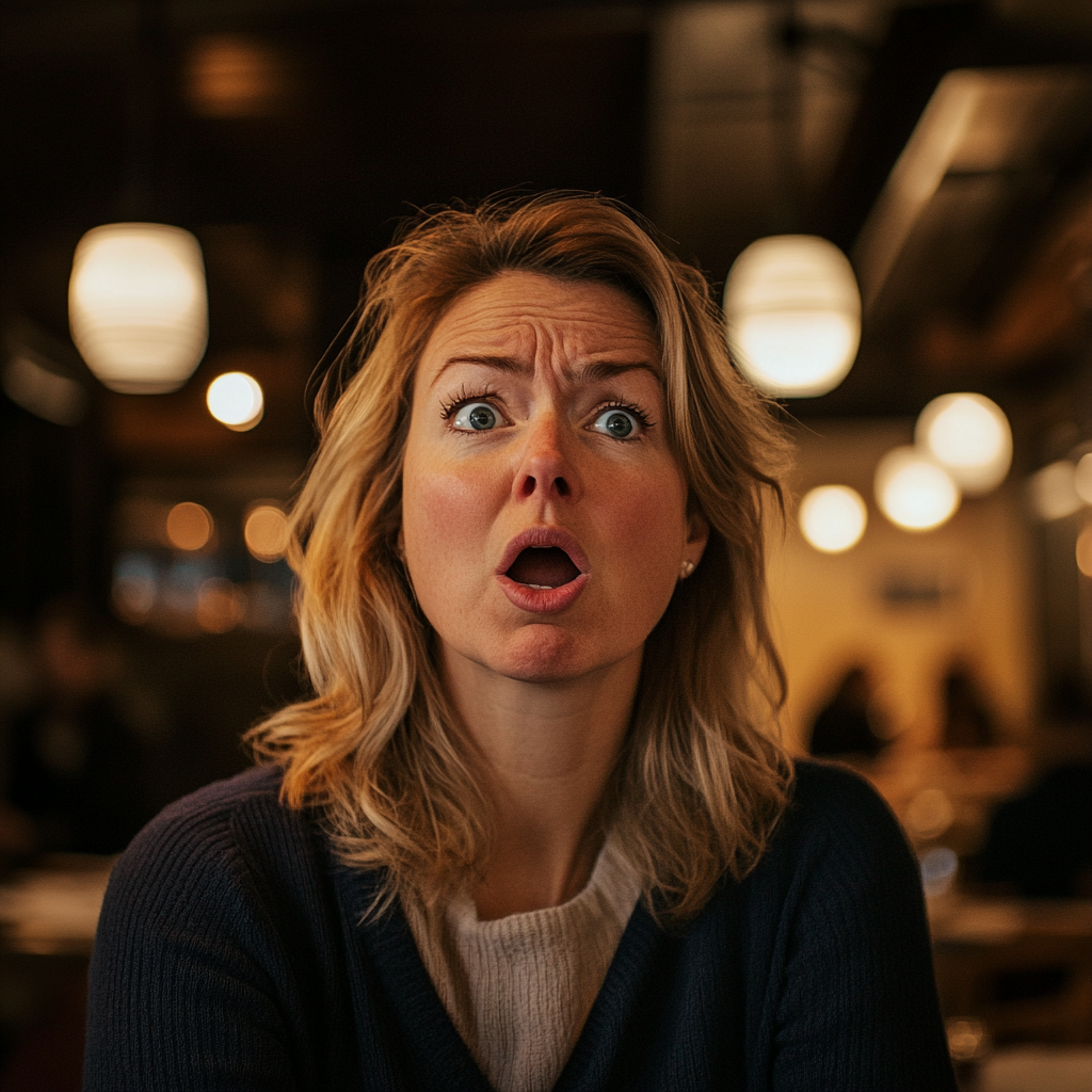 A woman in a restaurant looks surprised and hurt | Source: no source