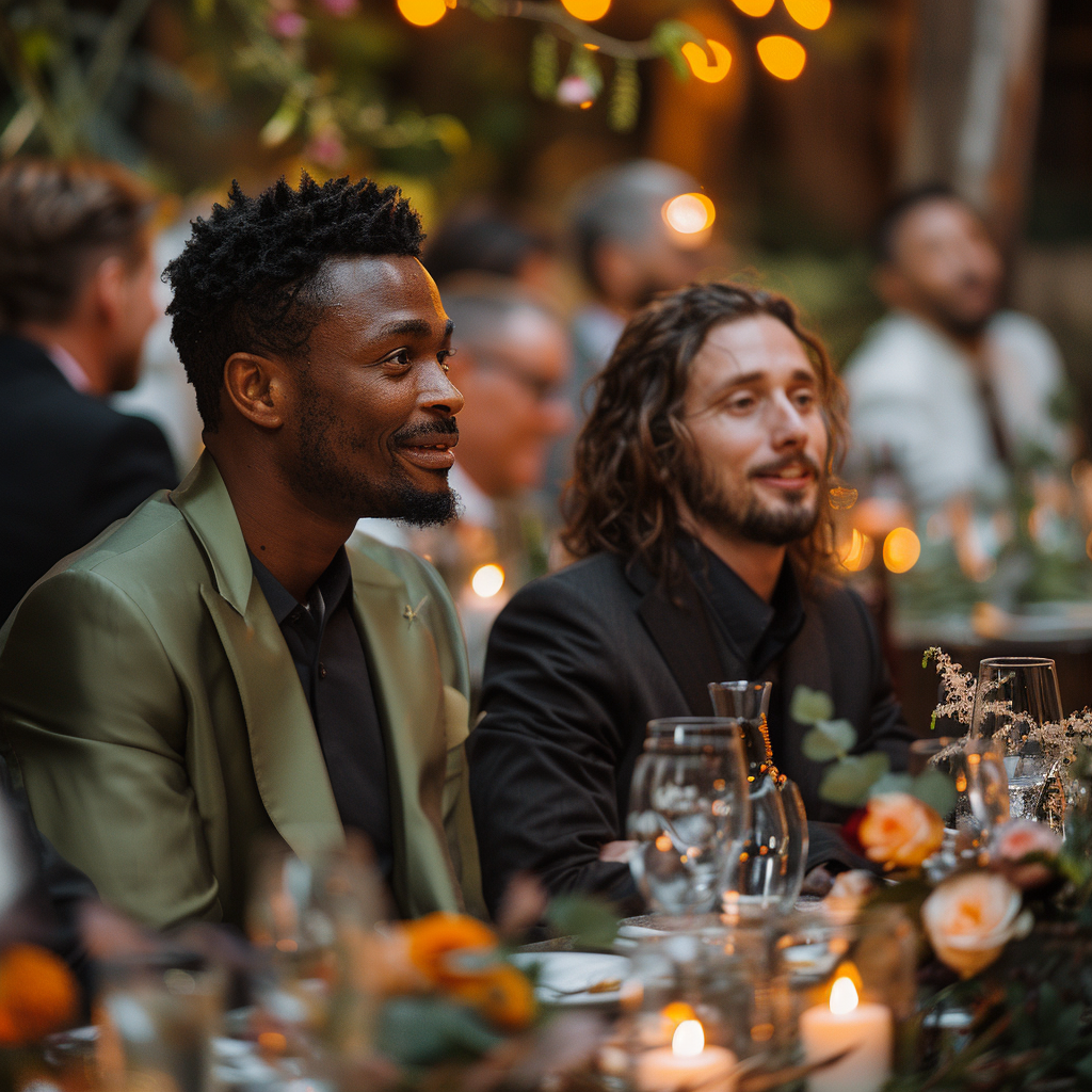 Friends joking around at a wedding | Source: no source