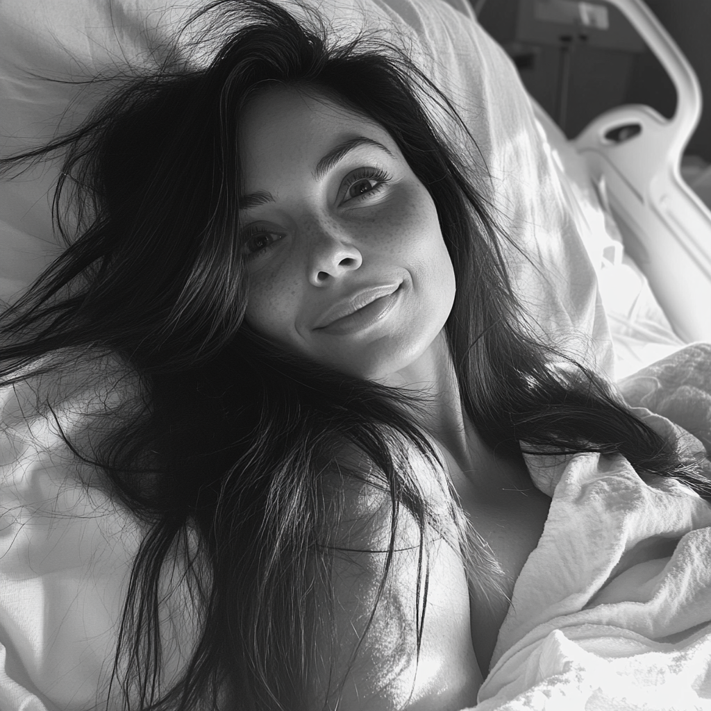 A smiling woman in a hospital bed | Source: no source