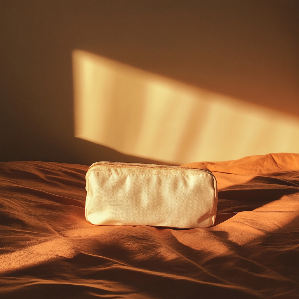 A white toiletry bag on a bed | Source: no source