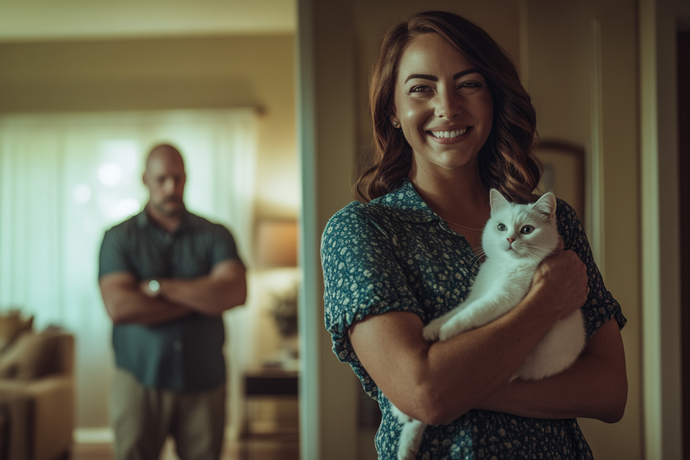 A woman smiling and holding a white cat while a man stands in the background with crossed arms | Source: No source