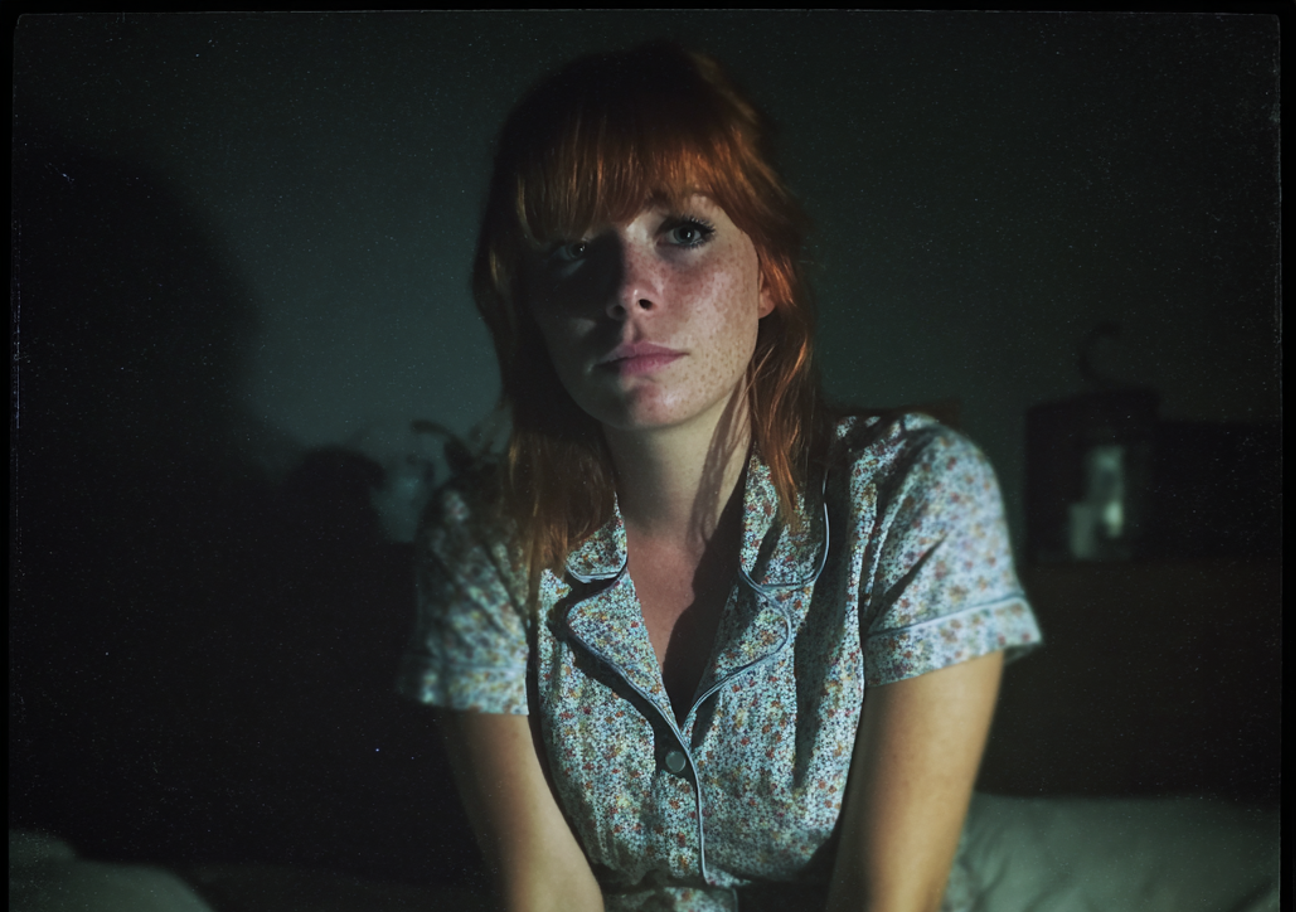 An emotional woman sitting on her bed at night | Source: no source