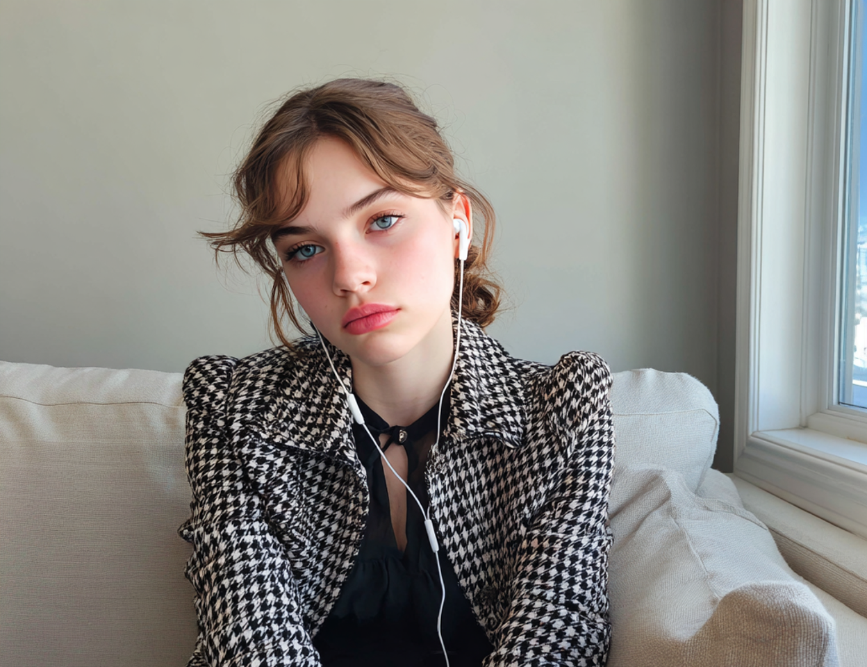 A teenage girl sitting with her earphones in | Source: no source