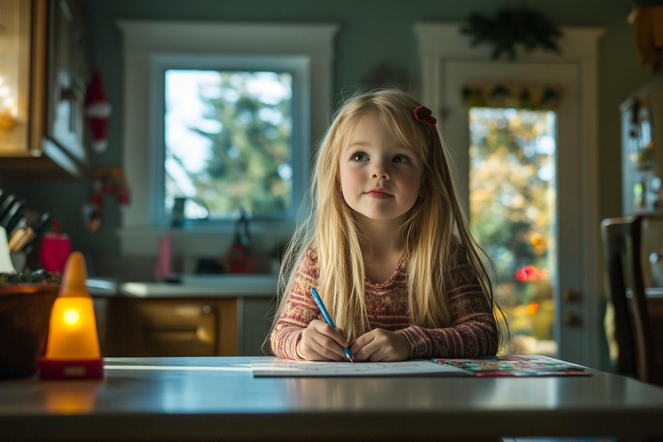 Little blonde girl coloring on a kitchen island | Source: no source