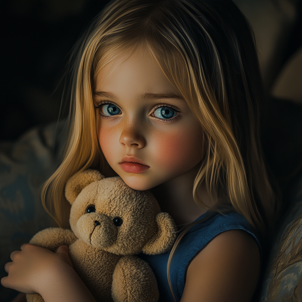 A sad little girl holding a teddy bear | Source: no source