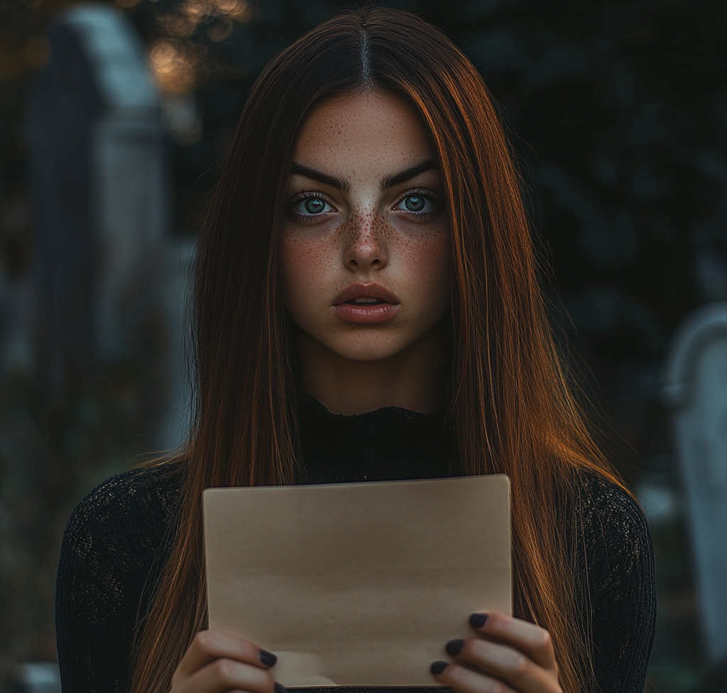 A startled woman holding an envelope in a cemetery | Source: no source