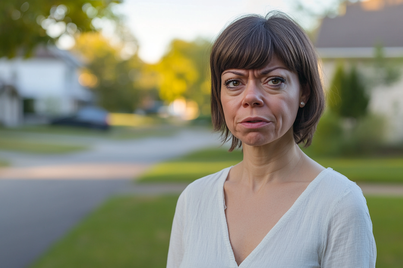 A middle-aged woman standing on a sidewalk in a neighborhood | Source: No source