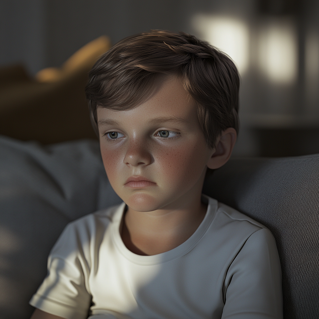 A boy sitting on a couch, looking down | Source: no source