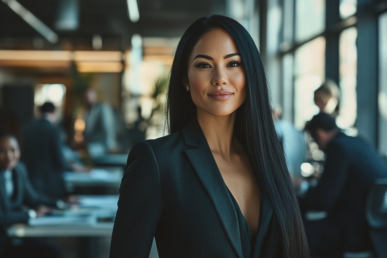 A businesswoman smiles in an office with other workers | Source: no source