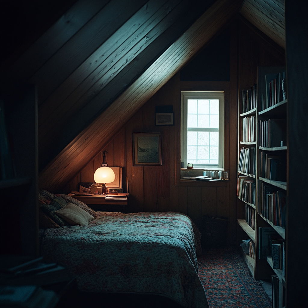 A narrow room dimly lit by a small window in an attic | Source: no source