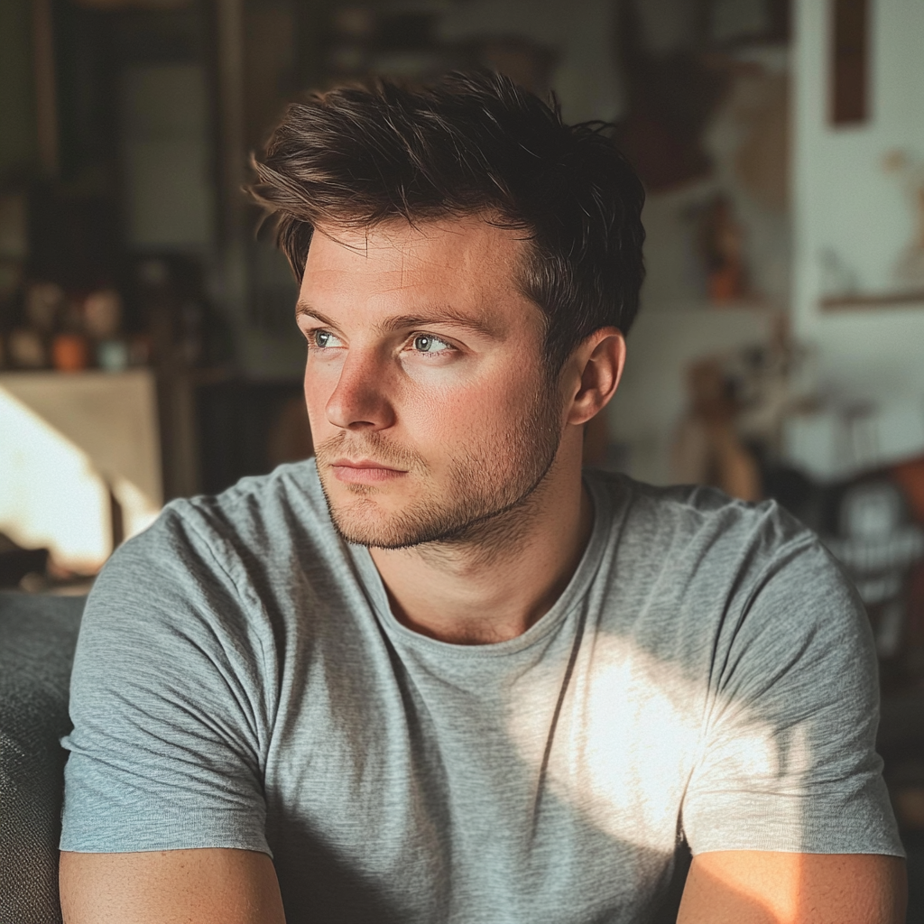 A young man sitting in a garage and looking to the side | Source: no source