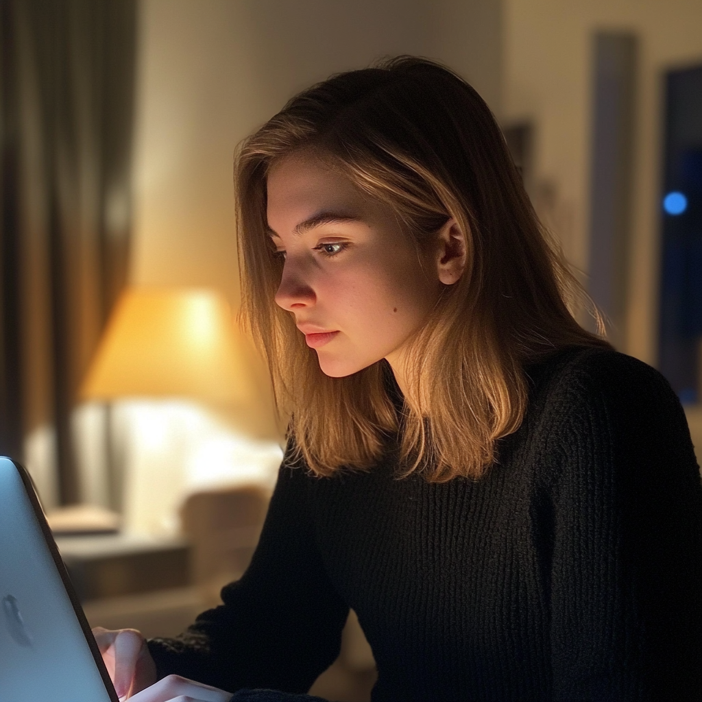 A woman using her laptop at night | Source: no source