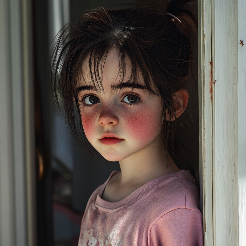 A little girl standing in a doorway | Source: no source