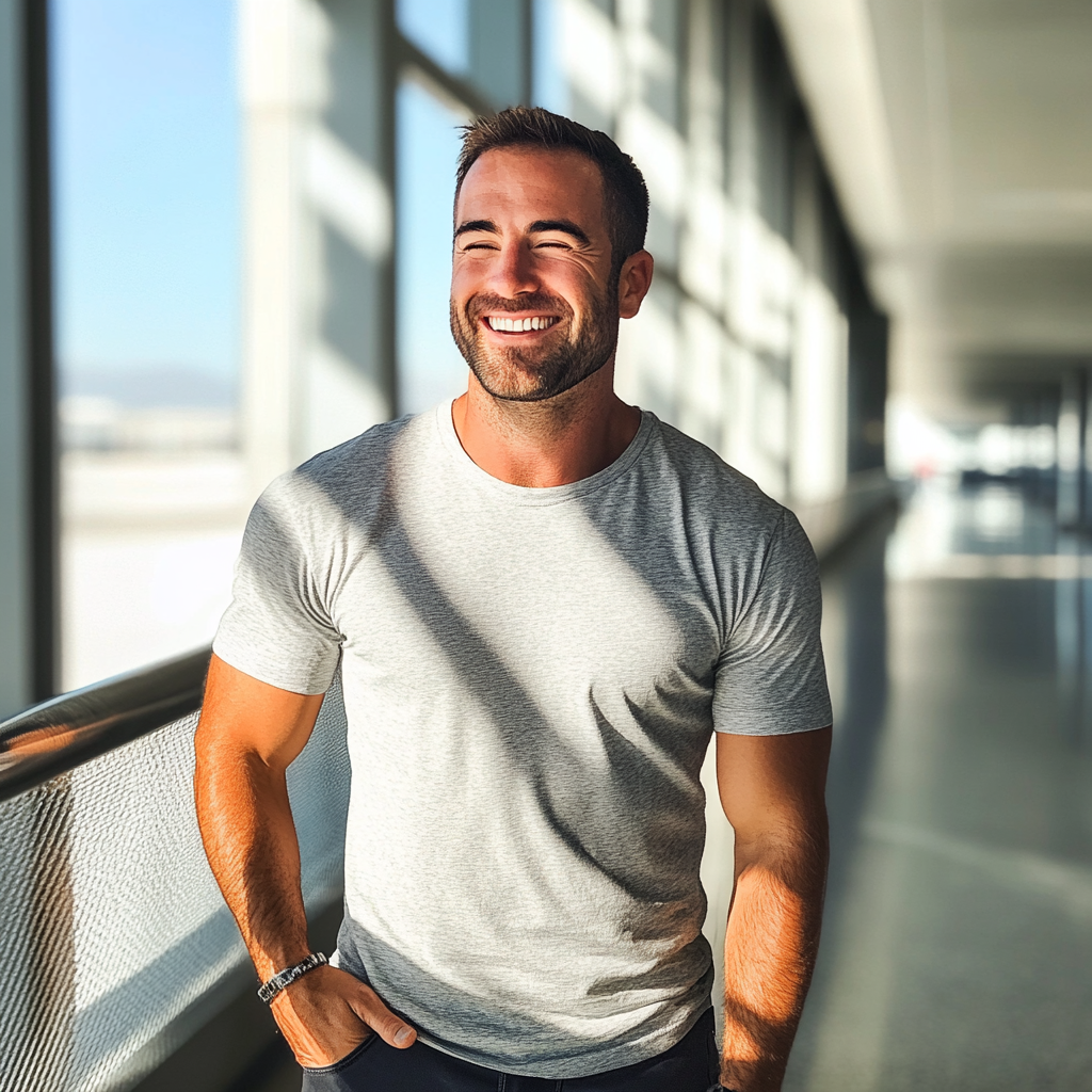 A man laughing in an airport | Source: No source