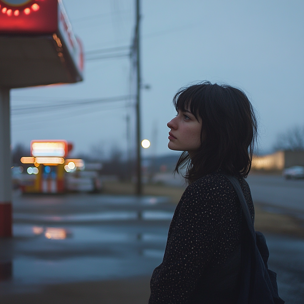 A tired woman standing on a gas station | Source: no source