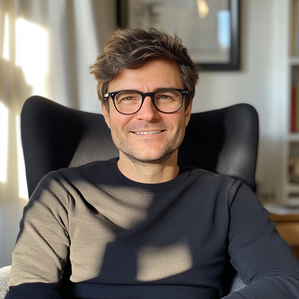A smiling man wearing a black sweater and sitting in an armchair | Source: no source