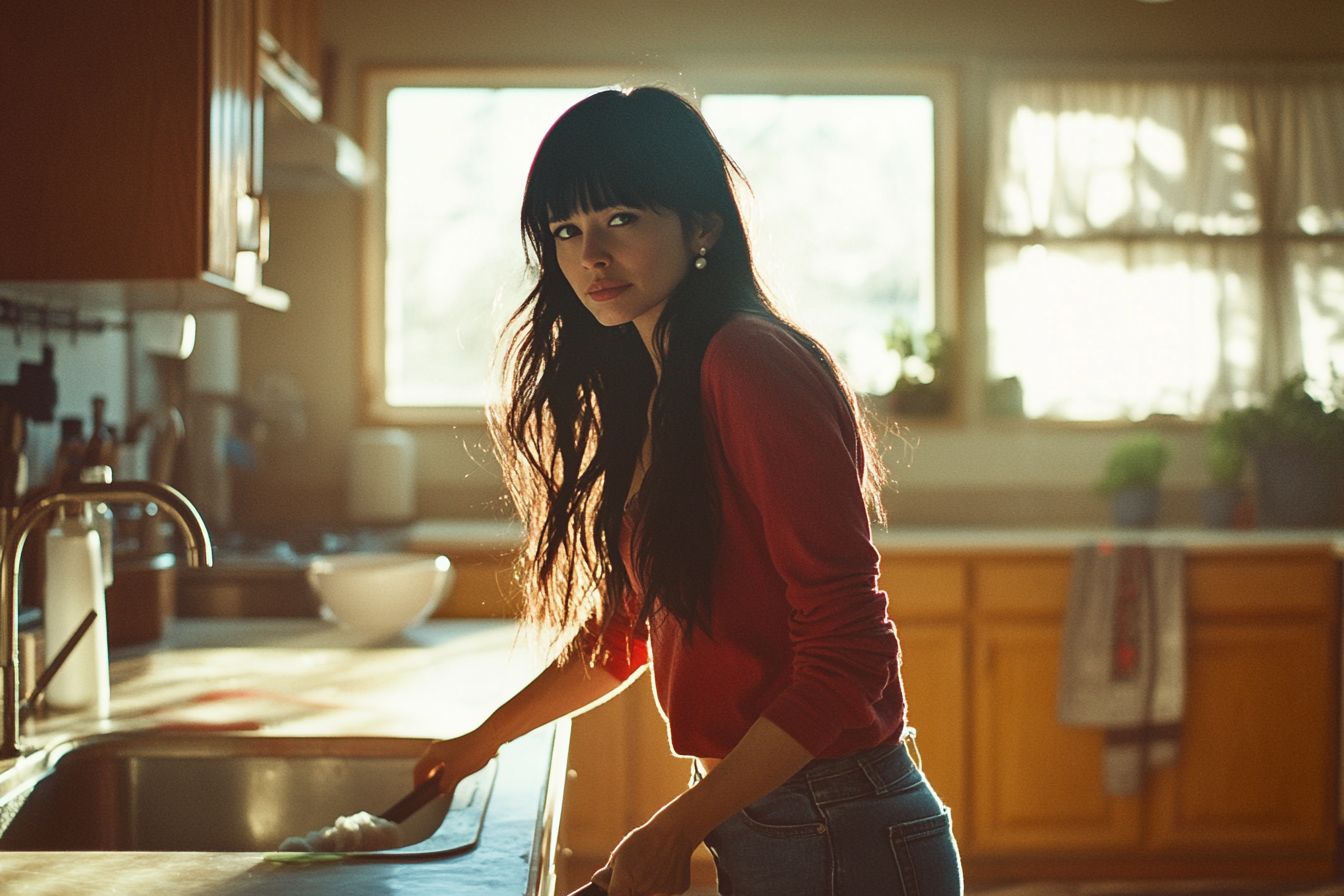 Woman in her late 30s cleaning the kitchen while looking worried | Source: no source