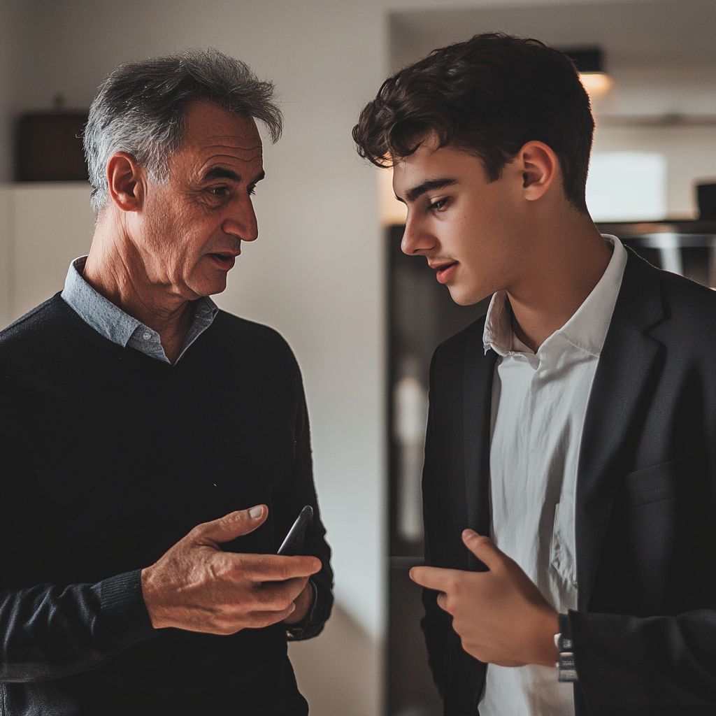 A serious man talking to his son | Source: No source