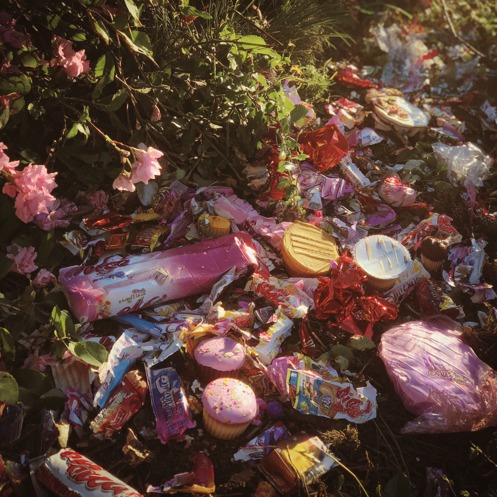 Candy wrappers and other dirt in a garden | Source: no source