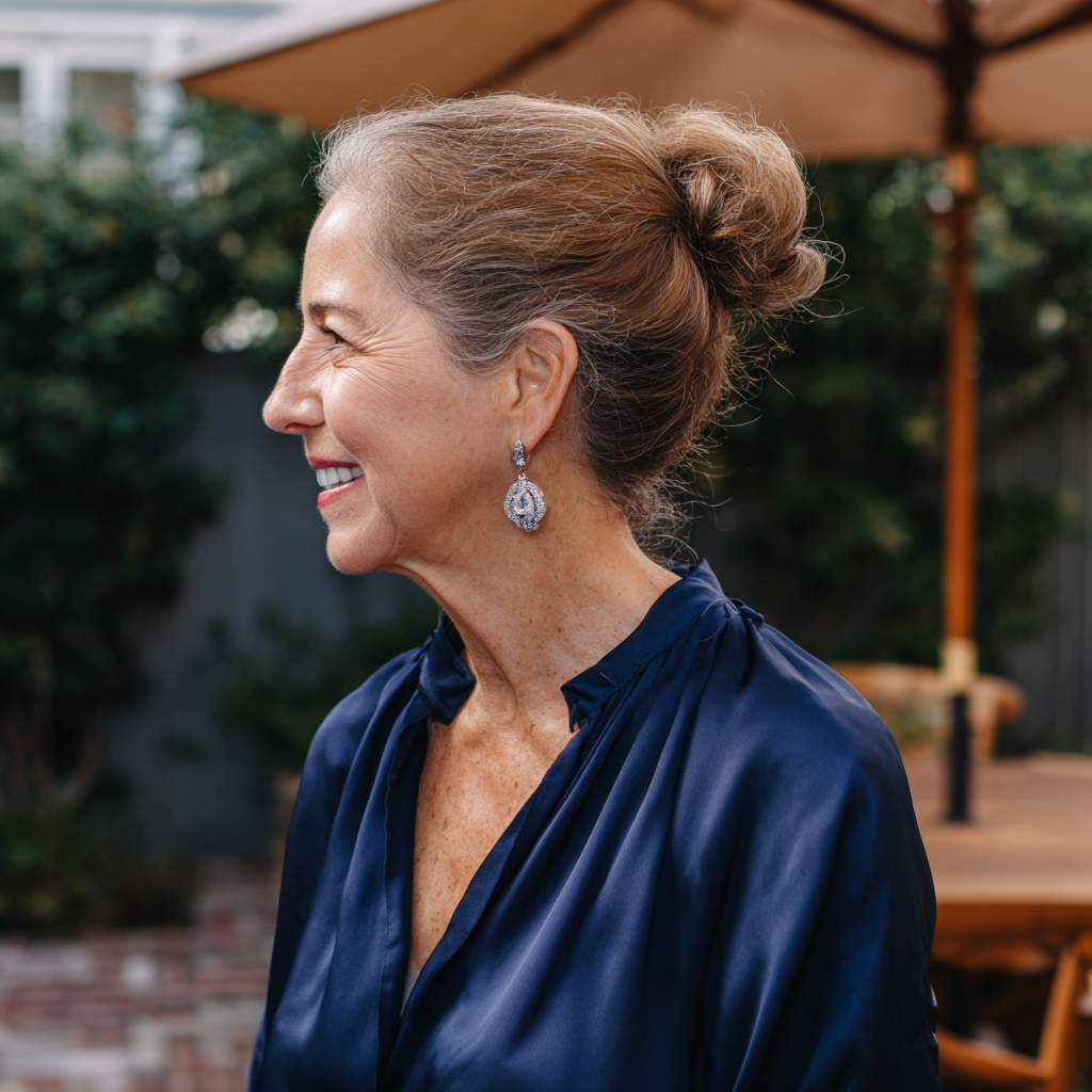 A smiling woman wearing a navy blouse | Source: No source