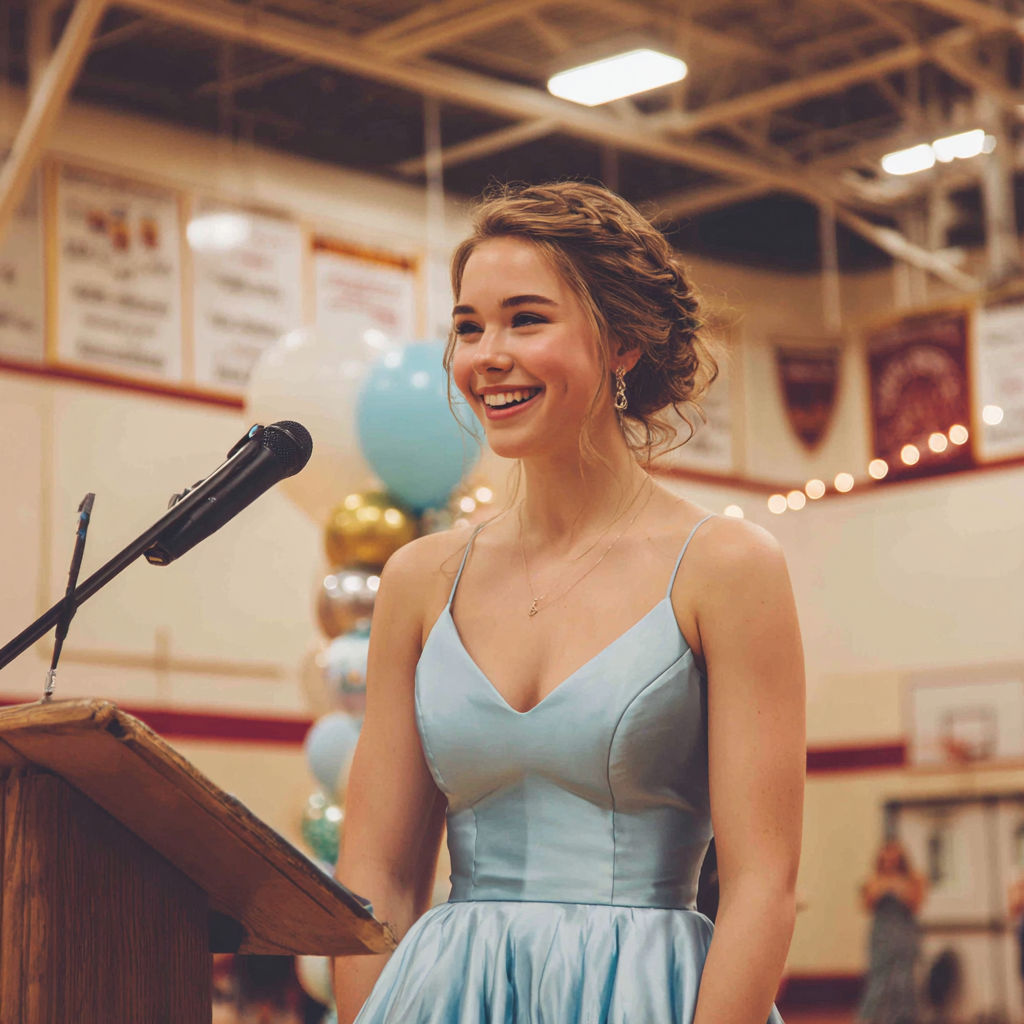 A teenage girl standing at a podium in a gym | Source: No source