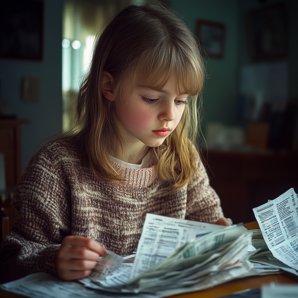 A little girl sorting through bills | Source: no source