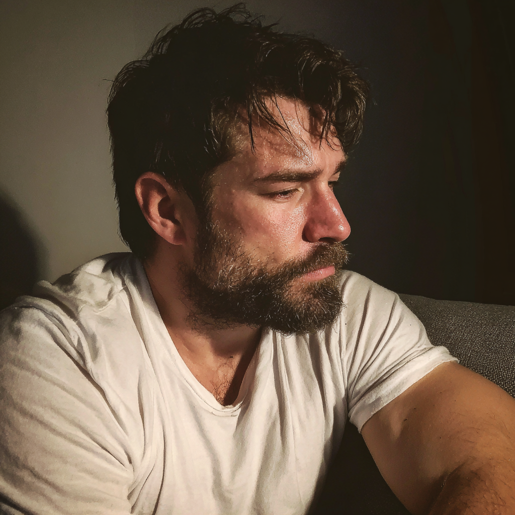 An emotional man sitting on a couch | Source:  no source