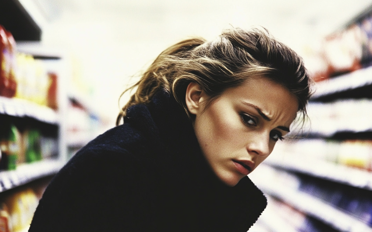 A tense woman in a supermarket | Source: no source