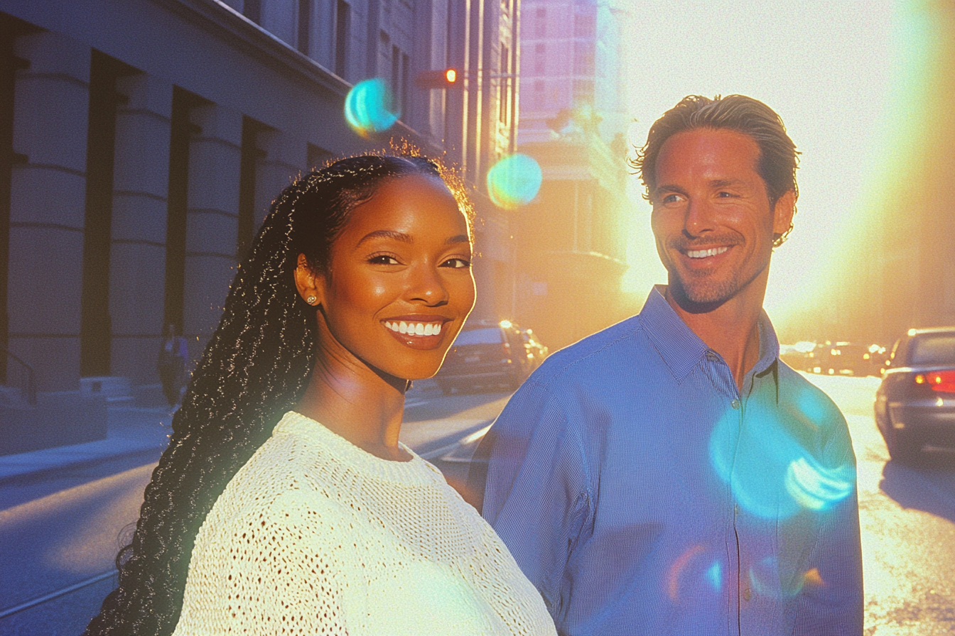 A woman and man smiling while walking down a street | Source: no source