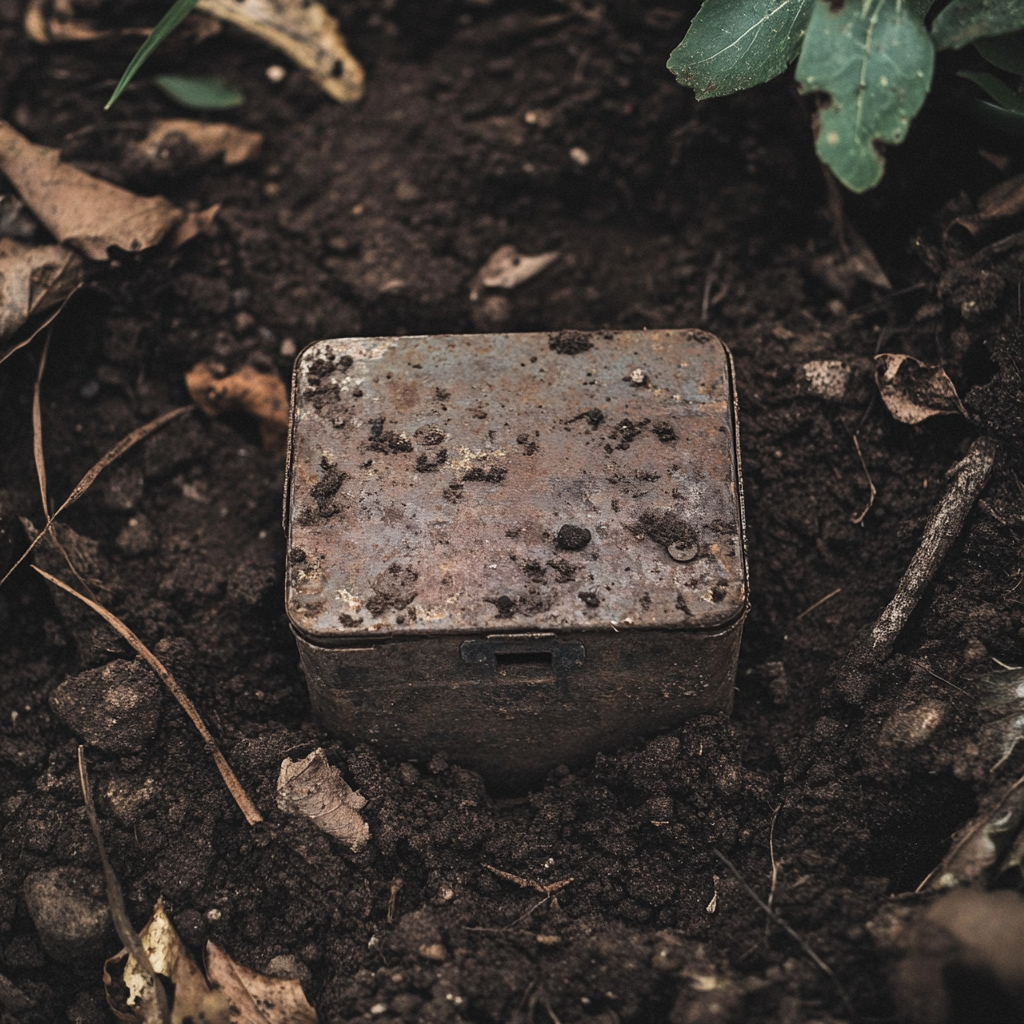 An old metal box lying buried in the soil in a garden | Source: no source